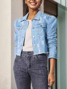 Women's Long Puff Sleeve Denim Jacket, Short Distressed Jean Coat, Ripped Denim Top - 藍色 - 查看 3