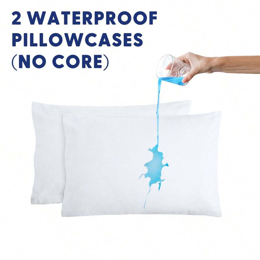 2 件纯色防水加厚枕套（不含枕芯），柔软舒适，枕头保护套，防水可洗，适用于卧室、酒店、宿舍床上用品
