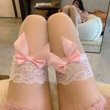 1 Pair Pink Long Stockings Popular Royal Sister Skin Translucent Black Silk Thin Lace Lace Butterfly Over The Knee Stockings - Hồng - Xem 2