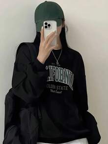 Women's Loose Fit Graphic Print Crew Neck Sweatshirt, Casual Long Sleeve Pullover For Autumn/Winter - Black - View 6