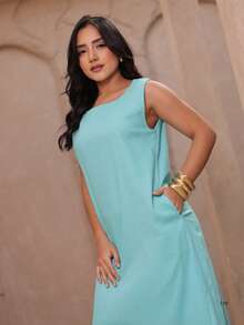 Women's Linen Midi Dress With Pockets, Plain, Wide Straps, Elegant - Mint Blue - View 4