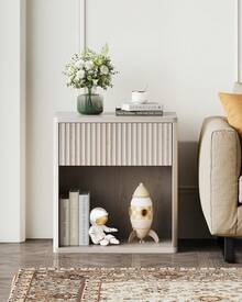 Night Stand Set Of 2, Wood Nightstand Sets With Storage Drawer And Open Shelf, Fluted Bedroom Nighstands, Mid Century Bed Side Table, End Tables Living Room, Dorm, Home Office - 白色 - 查看 2