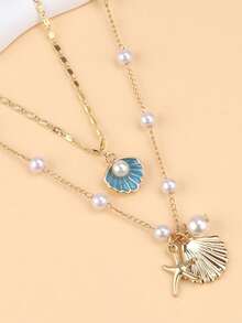 2pcs/Set Beachy Metal Starfish, Pearl & Shell Necklace Jewelry Set, Resort Style - 藍色 - 查看 2