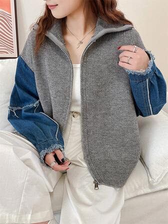 Suéter con diseño de patchwork en las mangas de mezclilla, cárdigan holgado y casual de punto para mujer, otoño/invierno