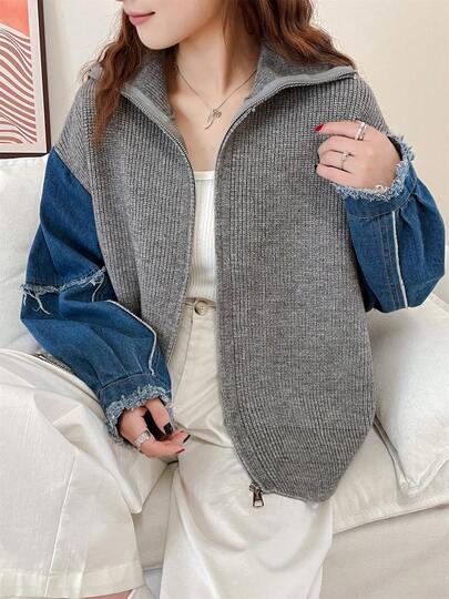 Denim Sleeve Patchwork Design Sweater, Loose Casual Knitted Cardigan For Women, Autumn/Winter