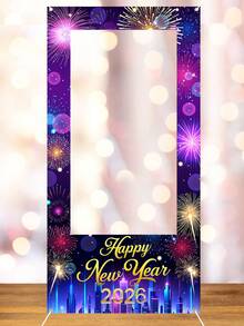 1个2026新年快乐相框道具，120*60厘米乙烯基材质，烟花图案，新年快乐相框横幅，新年背景幕布，背景布，背景装饰，背景帘，活动摄影配件，新年礼物，新年庆祝用品，新年装饰品 - 彩色 - 查看 3