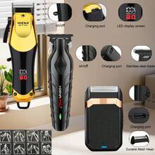 HIENA 三合一男士理容套装 - 专业 USB 充电式理容套装，包含理发器、电动剃须刀、细节修剪器，是父亲节礼物、迷你男士理发工具、情人节礼物和男士礼物的理想之选。 - 黑金 - 查看 5
