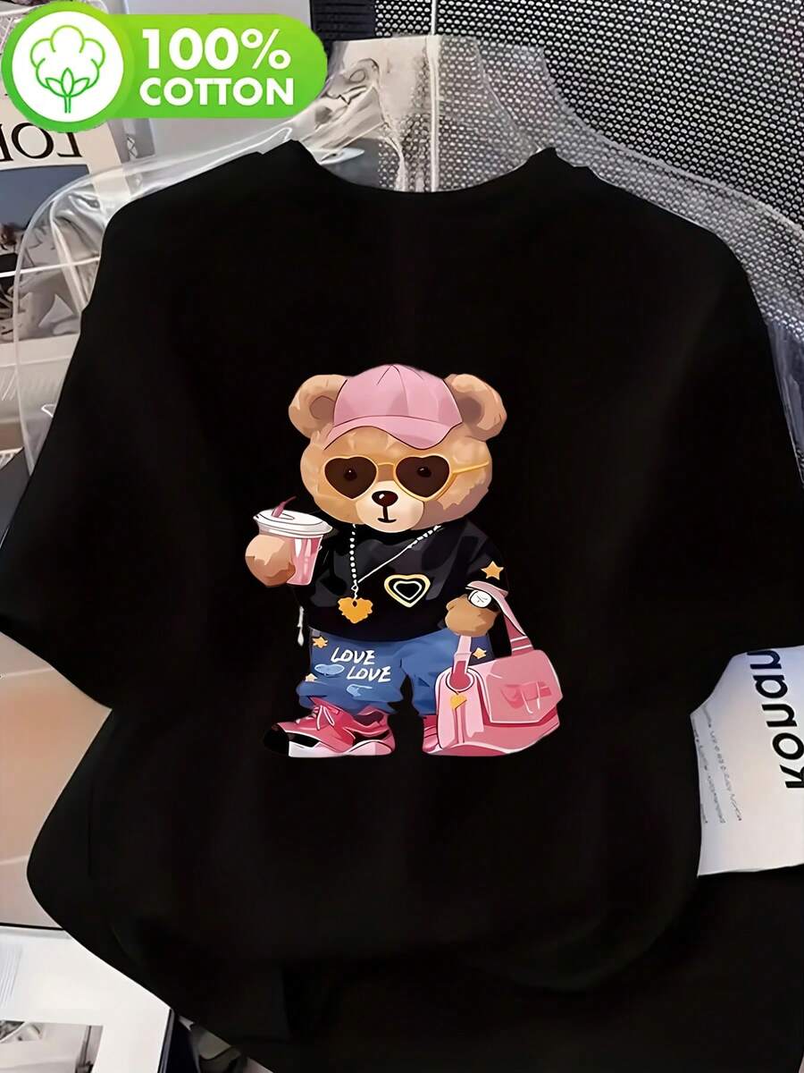 Camiseta Casual De Manga Corta Y Cuello Redondo, 100% Pura, Lavable En Máquina, Estilo Vintage, Adecuada Para Verano Y Primavera, Cómoda Y Amigable Con La Piel. - Oscuro - Ver 1