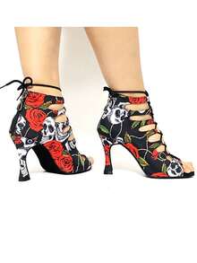 9cm High Heel Skeleton Printed Latin Dance Shoes, Soft Non-Woven Fabric Lace-Up, Comfortable Indoor Sole, Suitable For Party, Halloween, All Seasons - Red 9cm - View 4