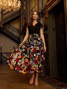 3D 花卉刺绣 A 字裙，优雅休闲波西米亚叶图案，女士秋季服装 - 黑色 - 查看 1