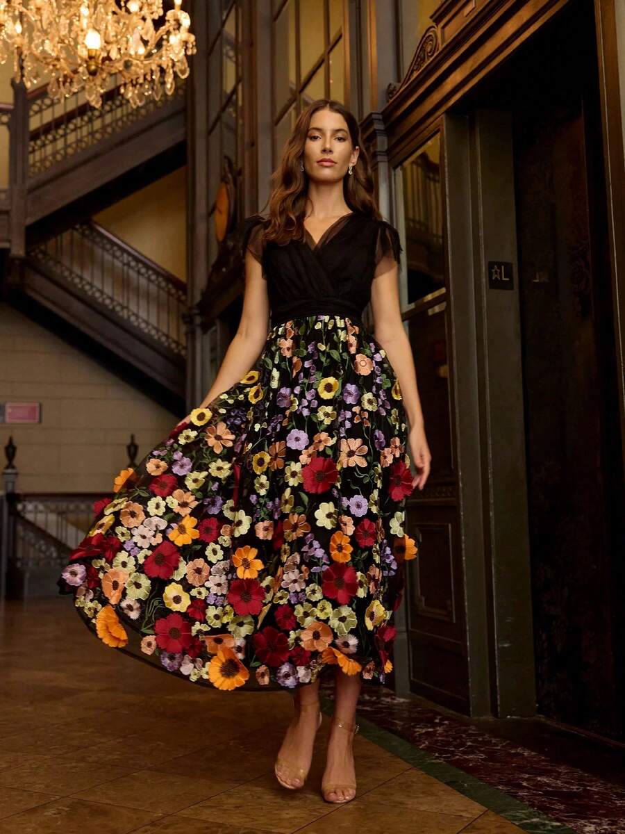 3D 花卉刺绣 A 字裙，优雅休闲波西米亚叶图案，女士秋季服装 - 黑色 - 查看 1