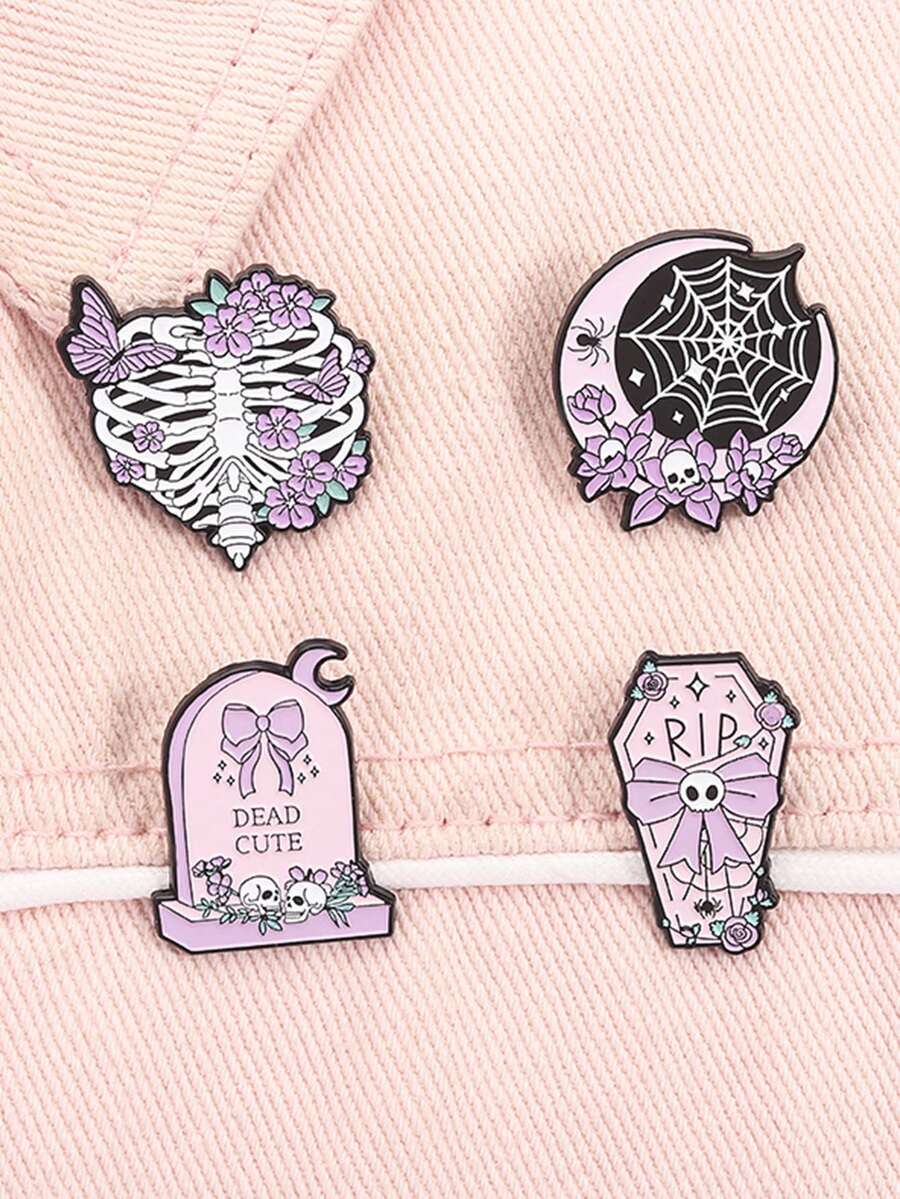 4Pcs Halloween Coffin RIP Bowknot Enamel Pin Witchy Moon Spider Web Spooky Brooches Lapel Badge Jewelry Accessories Gifts For Friends