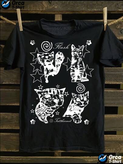 Men's Retro Punk Gothic Cat & Bat Print T-Shirt - 100% Cotton Relaxed Fit Crew Neck Short Sleeve, Vintage 80s Inspired Casual Summer Top With Cybernetic Cat & Flash Graphic Design, Machine Washable For Punk Style & Casual Attire - Geometric Pattern, Medium Stretch Knit Fabric, Loose Fit, Retro Punk Style With Black & White Cat & Bat Motifs, Versatile For Layering Standalone Wear, Durable Construction, Breathable Material