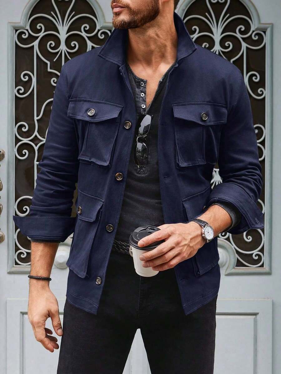 Men's Lightweight Jacket Button Up Casual Windproof Work Coat With Pockets - Màu xanh hải quân - Xem 1