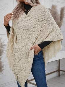1pc Solid Color Hollow Out Bat Wing Tasseled Knit Poncho For Dress