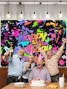 1 Peça Painel de Fotografia de Aniversário Feliz com Respingos de Tinta Colorida, Brilho Neon no Escuro, Banner de Festa 59.1*39.4/82.7*59.1/106.3*70.9 Polegadas, Decoração para Chá de Bebê, Festa de Dança, Uso Interno e Externo