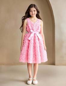 SHEIN Tween Mädchen-Kleid mit V-Ausschnitt, ärmellos, mit 3D-Blumen-Dekor - Pink - Übersicht 5