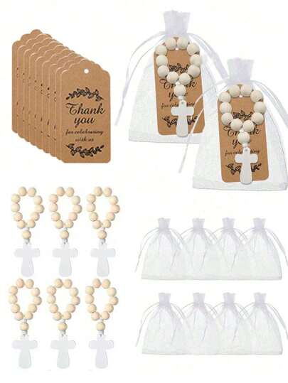 30pcs/Pack 10sets Adult Baptism Gift Cross Beaded Set, Includes Cross Beads, Thank You Cards And Gift Bags, Baptism Party Favor Set, For Baptism, First Communion, Confirmation, Bridal Shower, Religious Ceremony, Party Supplies, Party Favors (6pcs/15pcs/30pcs)