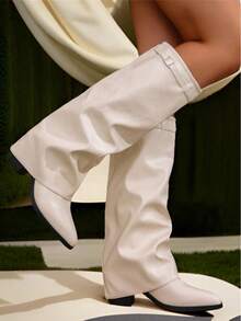 Fall/Winter 2025 Sexy Fashion Women Fold Over Boots Pointed Toe Chunky Heels Metal Knee High Boots Nightclub Elegant Luxury Shoes - Beige - View 3