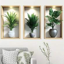 3pcs/Set Nordic Green Plant Theme Faux Arch Window Flower Pot Wall Stickers, 3 Pieces Self-Adhesive Removable Decorative Decals, Suitable For Living Room, Dining Room, Study And Other Connected Decor, Creative Home Wall Art - Multicolor - View 18