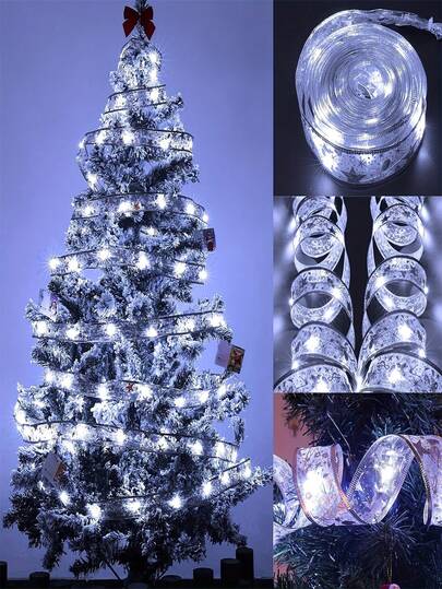 1pc Christmas Ribbon Fairy Light, Christmas Light, Christmas Ribbon Wreath, Suitable For Christmas Tree, Christmas Wreath, Christmas Tree Decorations, Indoor Party Decor, Batteries Not Included