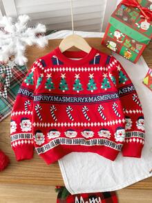 Kids' Cute Santa Claus & Christmas Tree Pattern Long Sleeve Sweater, Christmas Gift, Crew Neck Pullover Suitable For Christmas Party, Daily Wear, Spring, Autumn, Winter - Red - View 2