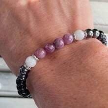 1 pulsera de sanación energética con piedras preciosas naturales (lepidolita, hematita, turmalina negra, piedra de luna), ayuda a aliviar la ansiedad, la depresión, mejorar el sueño, equilibrar las emociones, traer nuevos comienzos, regalo