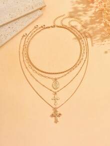 4 件套百搭金链项链套装，复古时尚耶稣水钻十字架吊坠项链女士首饰，适合日常佩戴、派对、约会 - 多色 - 查看 2