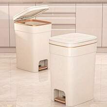 1 pieza Papelera de baño compacta básica de plástico, con pedal sin manos, cierre silencioso, diseño de pedal ligero con aro para bolsa de basura, estética moderna rectangular de gran capacidad, viene con tapa para protección contra olores, adecuada para oficina, dormitorio, cocina, sala de estar, color dorado champán, accesorios de baño, decoración de habitación