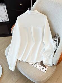 Plus Size Women's Fashion Commuter Pure White Collar Long Sleeve Asymmetrical Hem Pleated Tie Embroidered Horse Pattern Blouse, Office Wear, Autumn/Winter - White - View 3