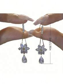"1 Pair Crystal Water Drop & Zirconia Flower Earrings For Women, Stylish & Elegant Jewelry For Everyday, Parties, Proms, Gifts For Valentine's Day & Mother's Day" - Gold - 查看 6
