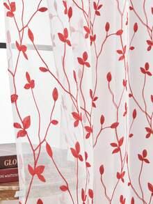 1 pieza Cortina de panel de poliéster semitransparente y ligera con diseño bordado de hojas, estilo bohemio, adecuada para sala de estar, dormitorio, estudio, comedor, decoración del hogar, con anillos superiores para una fácil instalación - Rojo - Ver 6