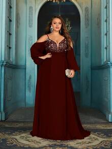 Elisanya Elegant Gorgeous Plus Size Sequins Formal Dress Summer Evening Gown For Birthday Party, Charity Prom, Galas Solid Color Strapless Long Sleeve Dresses Ballgown - Burgundy - View 6