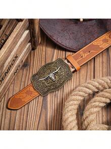 Vintage Style Men's PU Leather Belt, Adjustable Buckle With Cowboy-Inspired Bull Head Pattern, Suitable For Cosplay