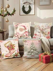 4 件套复古圣诞抱枕套 - 粉色主题，带有圣诞老人、靴子、驯鹿和圣诞树图案 - 舒适时尚的 17.7"X17.7" 拉链沙发和卧室装饰靠垫套 - 高品质涤纶，仅可手洗，不含枕芯 - 彩色 - 查看 3