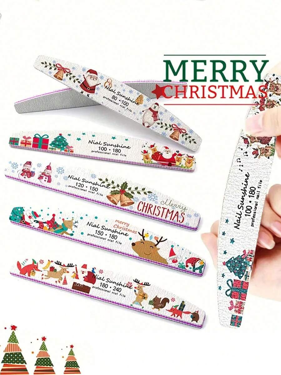 10 pezzi/5 pezzi/3 pezzi Set di lime per unghie natalizie | Stampa carina di Babbo Natale e renne, lucidatura riutilizzabile a doppia faccia, strumenti professionali per la manicure lavabili a mezzaluna
