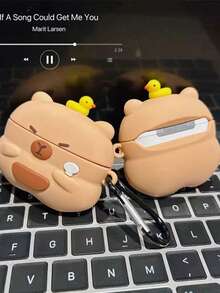 1pc Cartoon 3D Spoon-Holding Yellow Duck & Water Vole Silicone Protective Case For AirPods Pro, Suitable For AirPods 1/2/3/4, Shockproof Funny Earphone Case (Earphones Not Included) - Brown - View 5