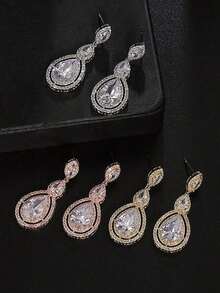 1 Pair Daily Wear CZ Women Wedding Earrings With Water Drop AAA Cubic Zirconia Party Earrings Jewelry - 黃金 - 查看 7