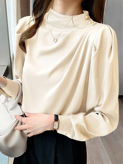 Women's Casual Light Commuter Collared Pleated Design Puff Sleeve Long Sleeve Shirt, Spring/Autumn