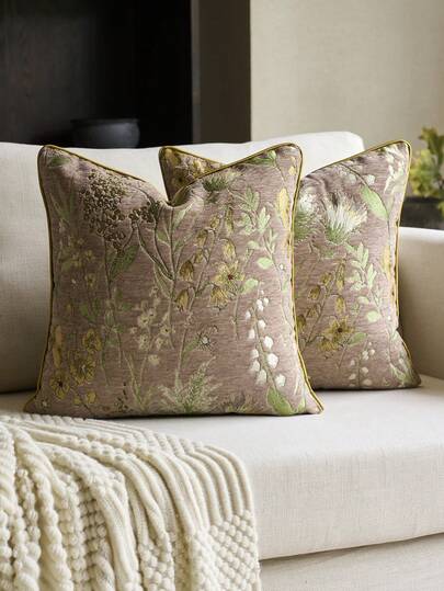 1 件花卉雪尼尔提花装饰枕套（无枕芯），经典花卉雪尼尔提花滚边靠垫套，适合家居、沙发、床上装饰，四季皆宜