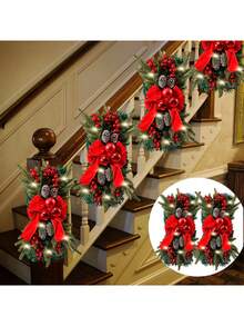 Christmas Wreath Hanging Led Stairs Red Gold Rattan Bow Wreath Pine Cone Decoration Door Hanging Christmas Thanksgiving Party Decor Outdoor Decor XMAS HOHOHO Christmas Partylights Lamp Night Light Led Light Home Decor Christmas Decorations Room Decor Winter
