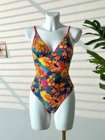 2026 New European & American Style Women's Elegant One-Piece Swimsuit, Sexy Backless Adjustable Drawstring Hollow Design, Fashionable Tropical Floral Print, Bohemian Style, Suitable For Beach Vacation, Pool Party, Stylish Outfit. Follow The Store For More Great Products, Looking Forward To Your Positive Reviews.
