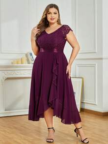 Plus Elegant V Neck Lace Contrast Ruffle Split Hem Chiffon Evening Party Long Dress, Homecoming Dress, Wedding Guest Dress, For Birthday, Graduation