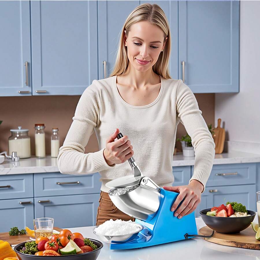 Ice Crusher Machine, 286lbs Per Hour Electric 4 Blades Snow Cone Maker, Stainless Steel Shaved Ice Machine With Bowl And Cover, 300W 2000RPM Ice-Shaver For Home And Commercial Use, Blue - 查看 1