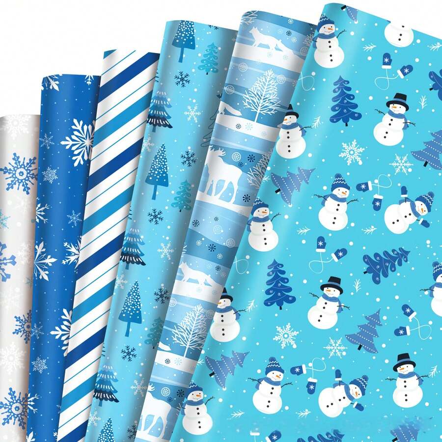 12 Piezas/Set de Papel de Regalo con Copos de Nieve de Invierno, Papel de Regalo de Invierno Azul y Blanco. El Papel de Regalo con Copos de Nieve es Adecuado para Suministros de Fiesta de Cumpleaños de Vacaciones de Invierno, 20 X 27 Pulgadas. El Papel de Regalo con Copos de Nieve de Invierno está Diseñado con Elementos Clásicos como Árboles de Navidad, Papá Noel, Muñecos de Nieve y Copos de Nieve, Lleno de la Atmósfera Fría del Invierno.
