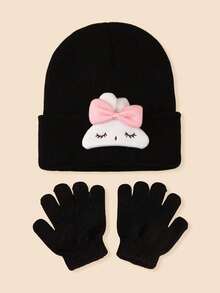 2 件儿童兔子卡通针织帽，保暖滑雪帽，秋冬翻边针织绒球帽，适合男孩和女孩 - 2PC - 查看 6