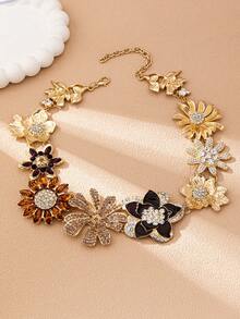 OABE 1pc Vintage Exaggerated Maximalist Floral Rhinestone Necklace, Charming Women's Necklace Suitable For Party, Banquet, Holiday, Wedding - Multicolor - View 3