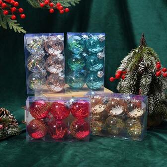 6Pcs Christmas Ball Christmas Ball Ornaments Set Golden Border Grid Painted Plastic Ball For Xmas Tree Decor Home Party Holiday Celebration