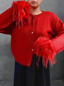 圣诞节、新年、节日女装时尚休闲红色毛绒袖口假日红色情人节圣诞节金属纽扣圆领开衫 - 紅色 - 查看 3