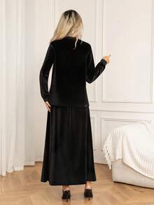 Ensemble top à manches longues sans col élégant et minimaliste en velours et jupe longue, automne/hiver pour femmes